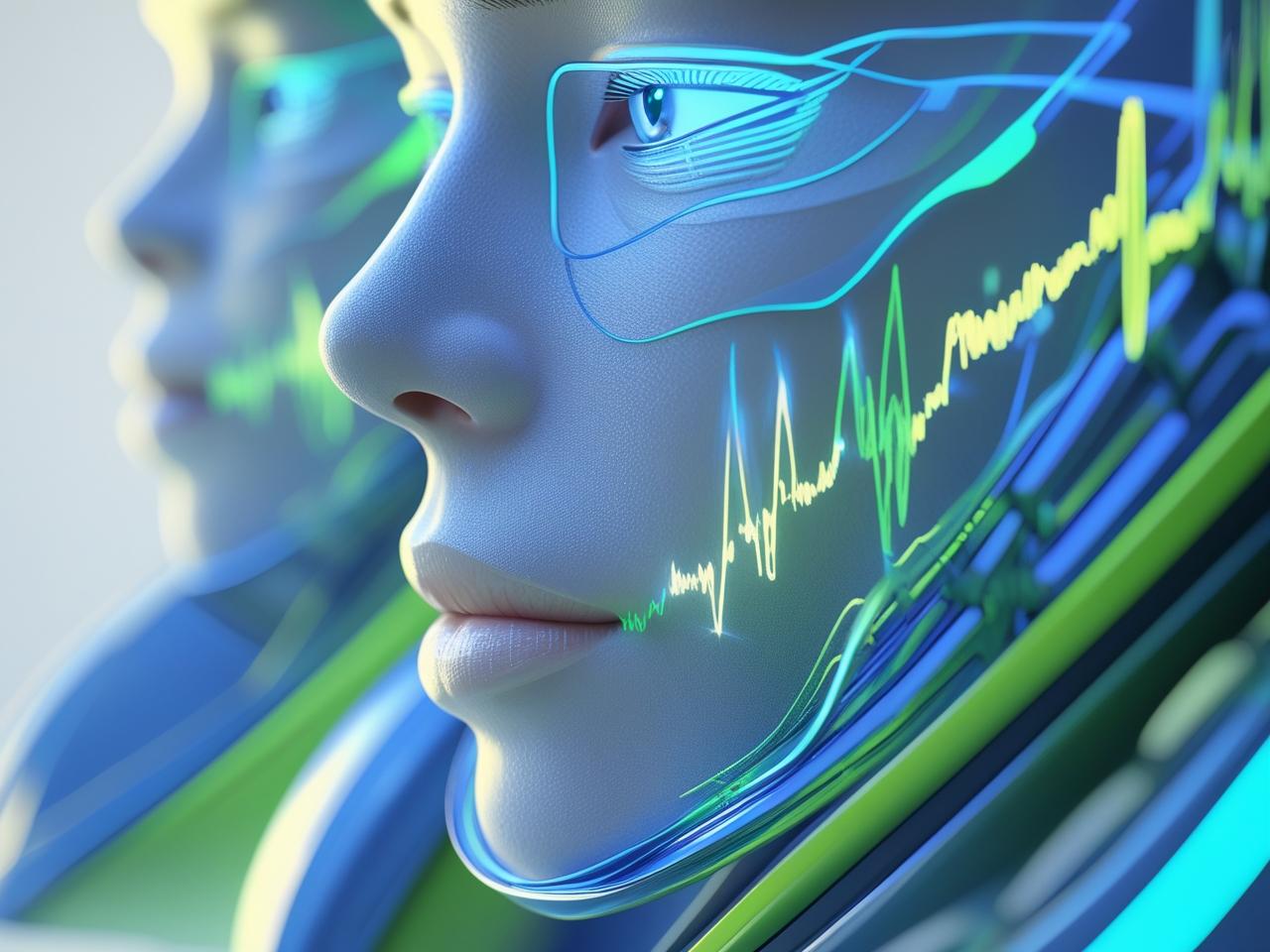 Premium AI voice visual with futuristic face and signal-wave styling.